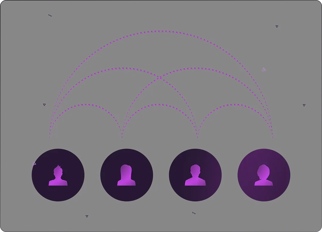 Illustration of a decentralized network with four user icons connected by intersecting purple dotted lines, representing peer-to-peer communication or distributed VPN architecture.
