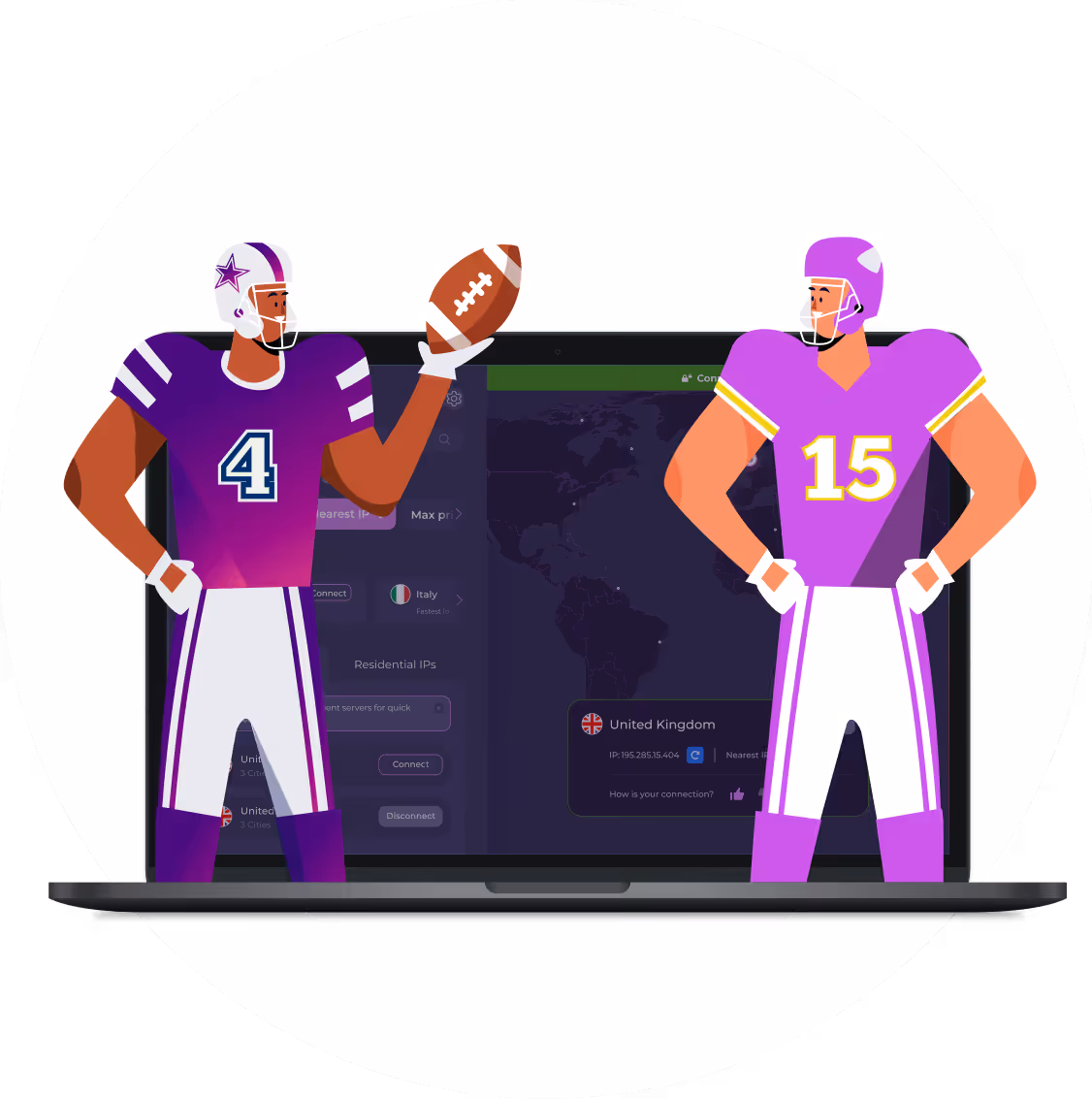 NFL illustration players over the computer with VPN connection