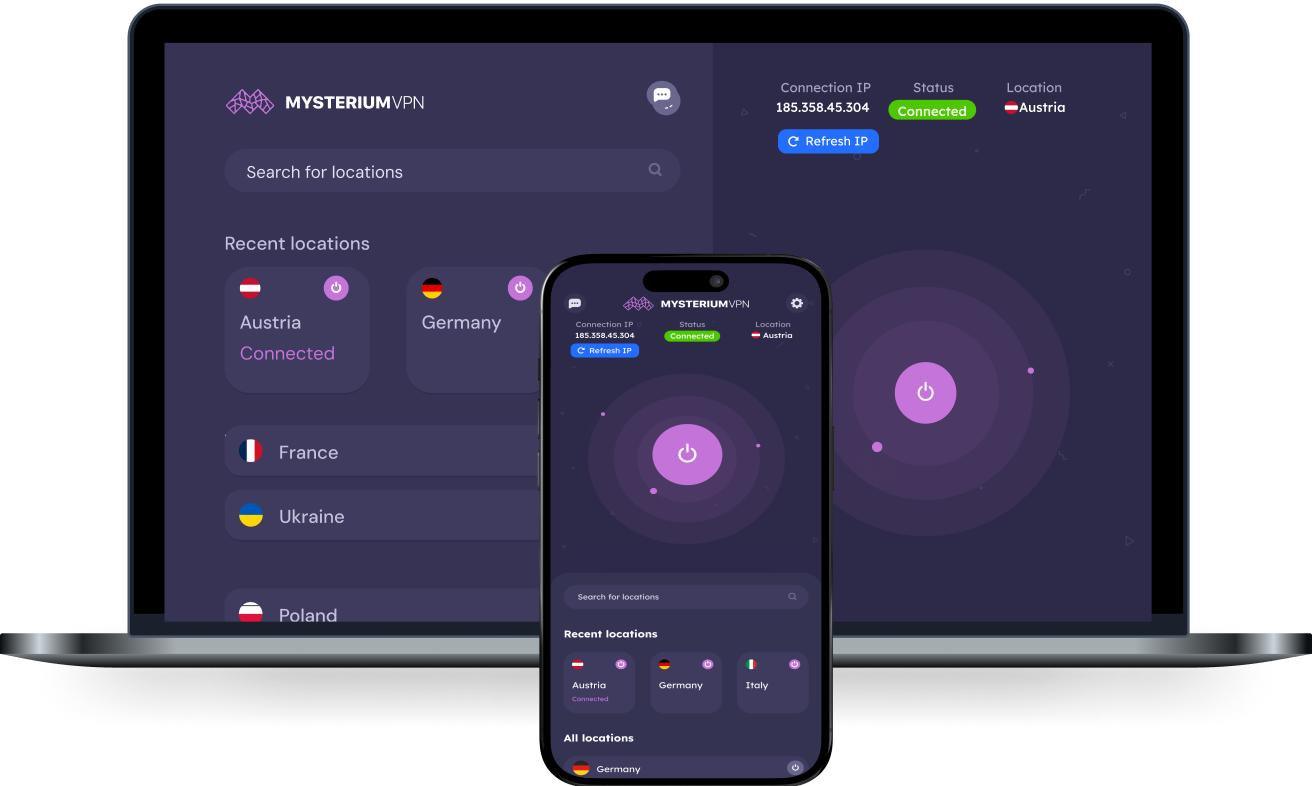 MysteriumVPN app opened on a laptop and a phone.