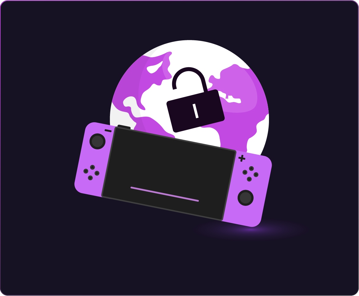 Illustration of a Nintendo Switch in front of a globe with an unlocked padlock, symbolizing global access and region unlocking with a VPN.